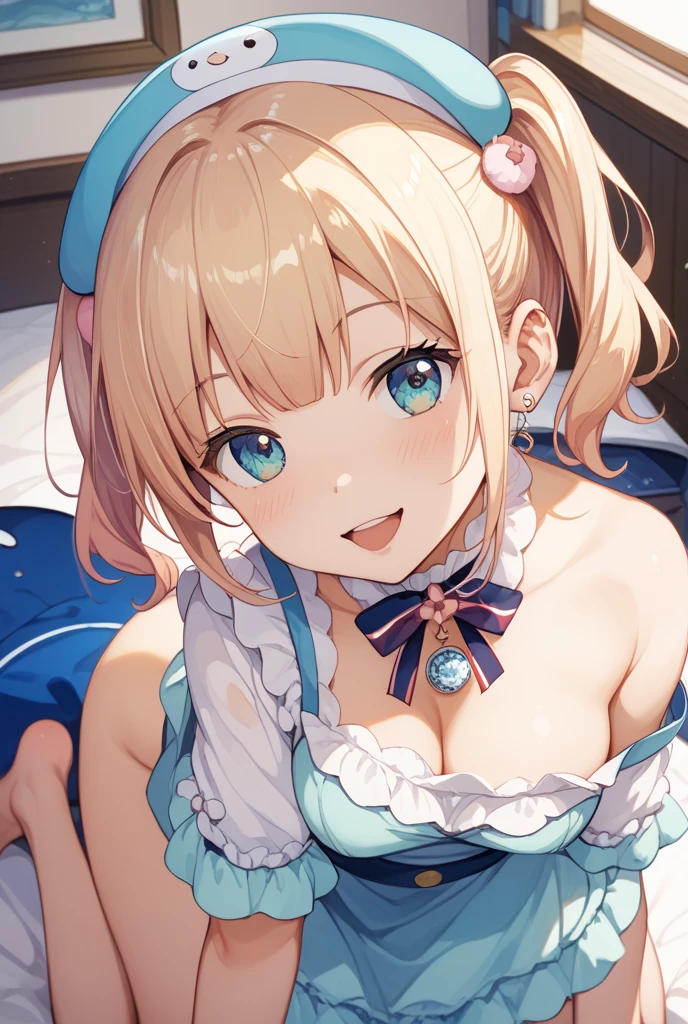 (4K、High resolution image quality、Detailed light、Detailed Shadows、Detailed Design)、1 girl、Blonde、Short hair that is not too long、Fluffy curly hair、Blue and black clothes、beret、(Aggressive design)、((Modest chest、Small breasts))、leotard、barefoot、Shameless、Redness、Lust、Estrus、((sexual excitement、Sex、To be made to cum))、