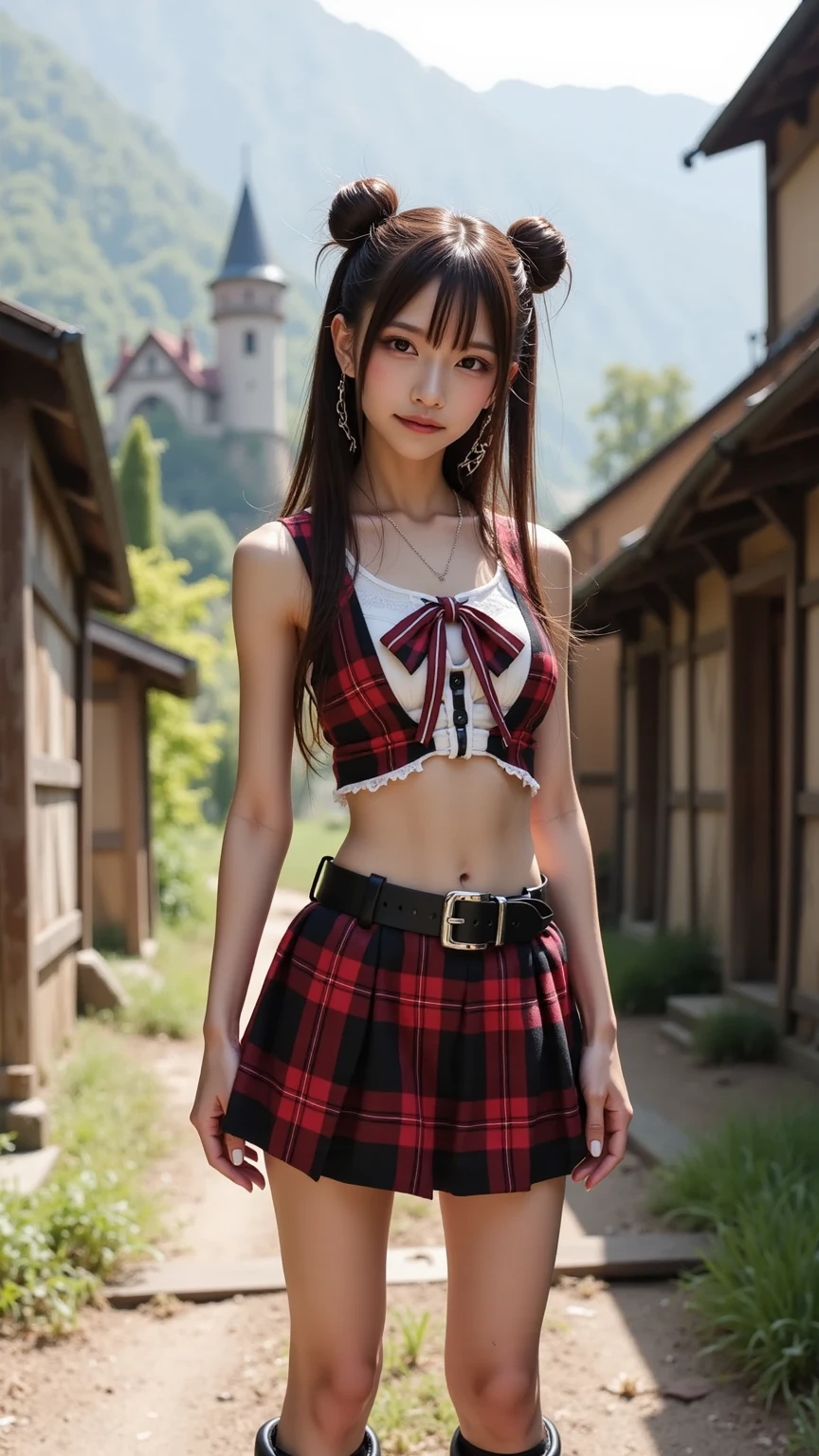 Pretty Asian girl, idol, extremely detailed CG, 8K High Quality, Depth of field, Cinematic Light, Lens Flare, Ray tracing, beautiful lips, lots of cute soft freckles, beautiful detailed eyes, intricate detail face, ultra detailed skin, 1girl, in the dark, deep shadow, front shot, face forward,  she has shiny red lipstick, big  eyes, ((black brown eyes)), she's tall, she's 26 years old , random position, pale skin, very flashy colorful orange hair, orange eyebrows, very small breasts, very nice detailed cleavage, looking at viewer, coy smile, she has lots of tattoos, must wear a shirt, ((wear low waist white tartan plaid short skirt with visible red thong legs)), shiny tight sailor top that pushes up her breasts, ((wide gap between thighs:1.6)) , view full body from head to toe shot 3/4 , navel piercing, wear cosplay cat ears headband, wear high thighs stockings with hangers from under her skirt with belts and straps, loops earrings, piercings, jewelry, lots bracelets, at the amusements park, (Intense sex appeal of young women), (woman who makes erotic temptations), (she reaches an amazing orgasm) , (((rare angle))), she's a slut, she has small shoulders, 
 exhibiting idol-like features, emerges from the depths of shadow in an extremely detailed CG Unity 8K wallpaper. Her beautifully sculpted face boasts intricate details, with ultra-detailed skin that appears almost alive, ((she has freckles))