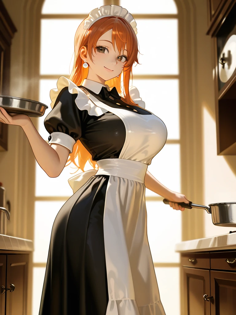 /draw ai_generated curvy_body curvy_female curvy_figure The average cup size female_only huge_breasts looking_at_viewer +maid solo_female solo_focus stable_diffusion waitress orange_hair green_eyes lifts the skirt showing black panties legs in pantyhose