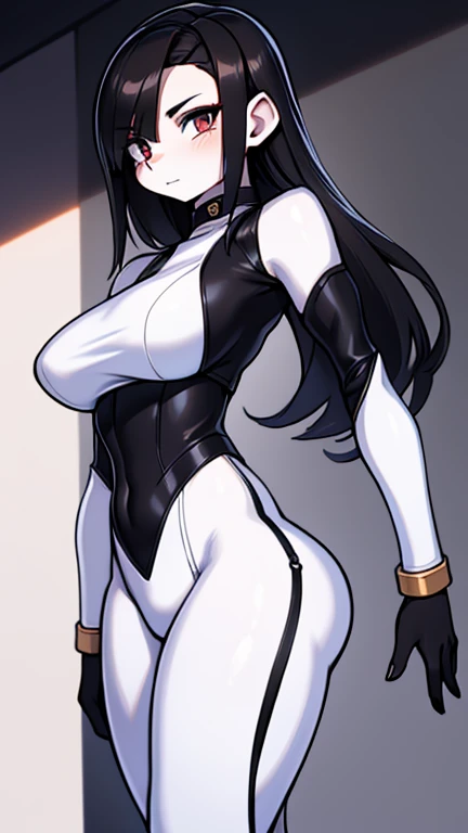 Girl, with giant breasts, by white, broad, crimson eyes, black spy suit, ebony black skin.