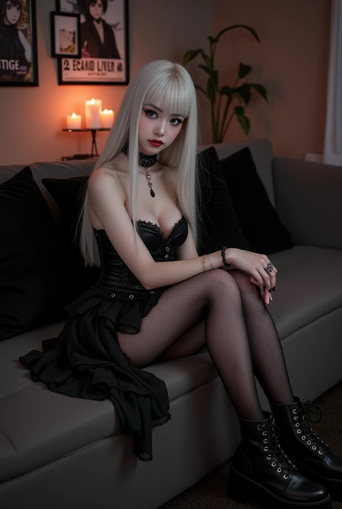 Mujer rubia con vestido negro y medias sentada en una silla negra., gothic horror vibes, gothic costume, gothic girl, gothic atmosphere, wearing a gothic dress, pale gothic beauty, 1 7 - year - old gothic girl, dark gothic queen, Gothic style, gothic girl, gothic aesthetic, gothic aesthetic, sensual and sombre style, elegant gothic, wearing gothic accessories, Detailed face and body, ultra quality, detailed face, high quality, detailed legs, detailed clothing, beautiful face, cute girl, sexy girl, detailed costumes, pretty face, ULTRA HD QUALITY, 4K QUALITY