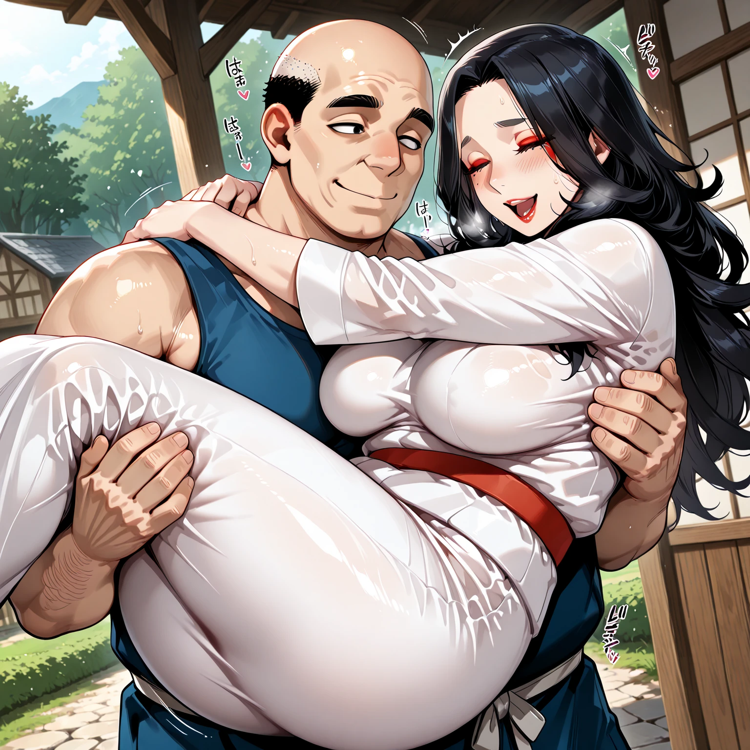 Busty Chinese female, huge breast,red lipstick, Wear kimono, Wet body, ugly Bastard on back her, ugly Bastard hug from back, White kimono, milft body, Glasses female, black Hair female, High heels, black stocking