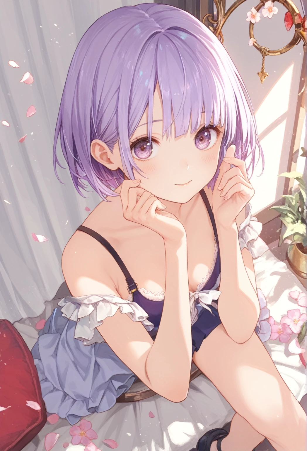 one,((Pink Bra、Pink Thong、hair ornaments、Purple nail polish))、(The setting is that she wears thongs)、(Indigo hair color、Silver inner color hairstyle), Beautiful Hair, Facial Contour, Remember, Hotel, moonlight、splash, Lens flare,, Natural Color, High resolution, Very delicate, Very detailed, 8k,、Shyness,((Sexual))、Lying in bed
