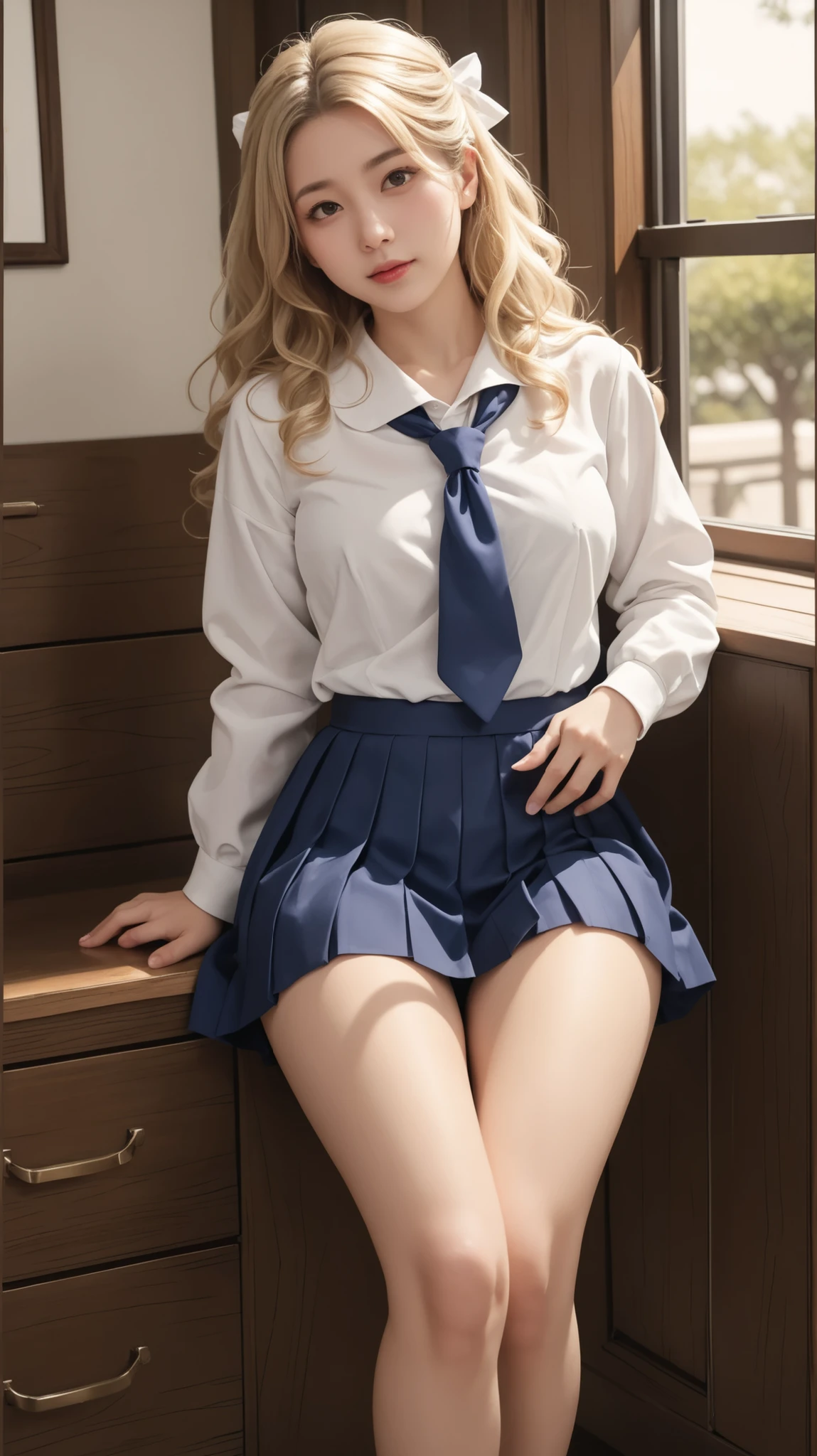 8k，top Quority，真实感，Realistic details，Blonde hair high ponytail，jk，a beauty girl，16 yaers old，perfect bodies，Long legs， Childhood，adolable，Tsundere，White shirt blue skirt JK uniform，in good spirits，Eyes shining，Bedrooms，in the early morning，vibrancy，Ray traching，Japanese，high school senior，Kitagawa Kaijo，Face details，