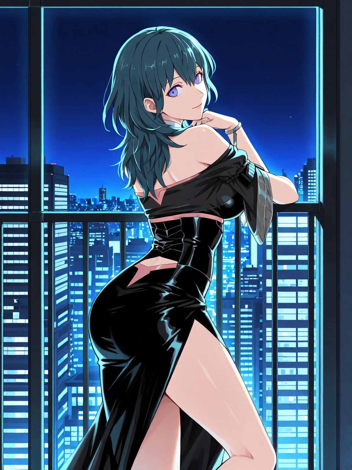 window, high skyscraper, 1 beautiful seductive woman, seductive figure,colorful hair,medium breasts,black dress,looking,city,seen,above