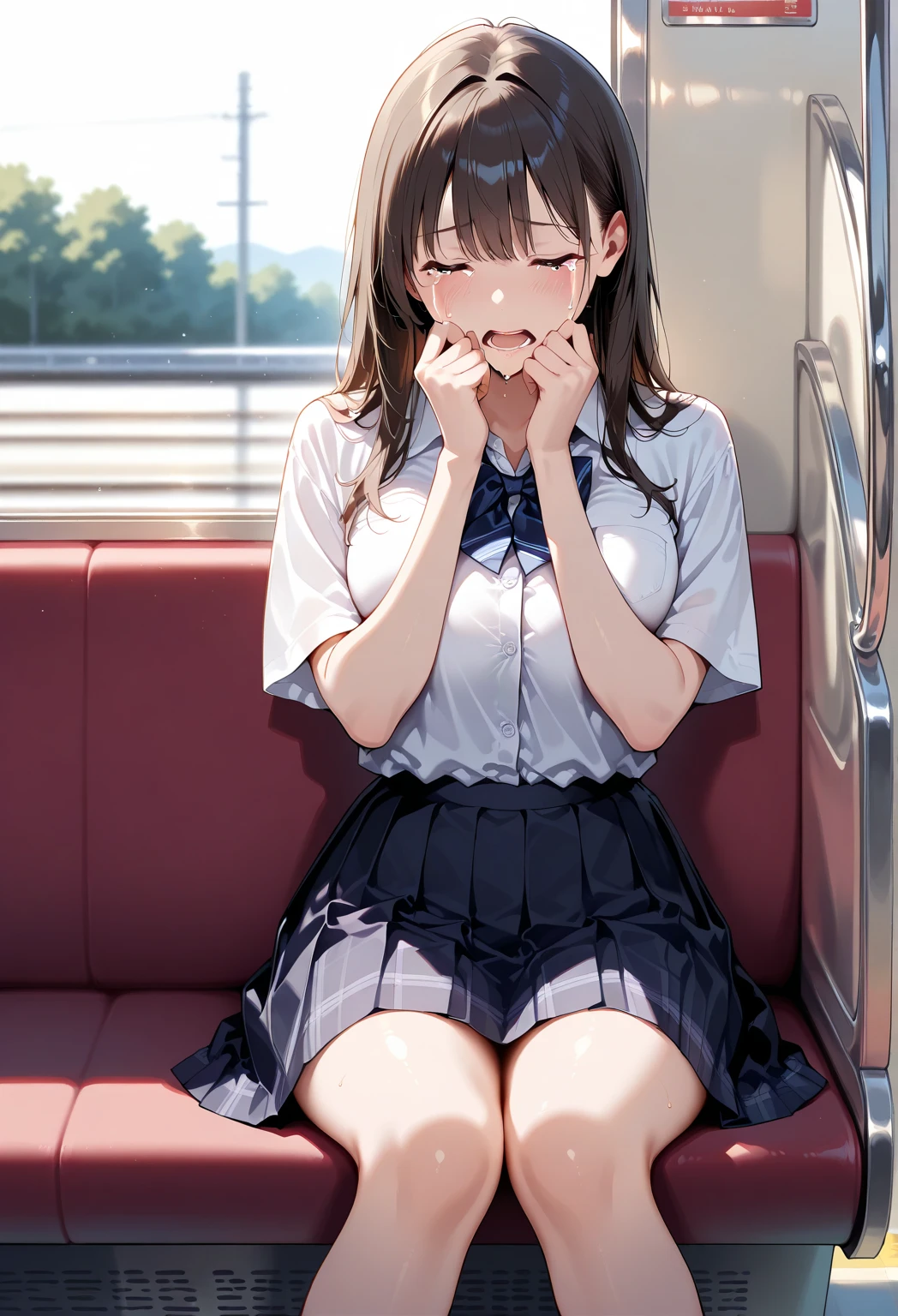 (highest quality), (masterpiece), 1080p, High resolution, 4K, 8k, ((Close ~ eyes)), ((Close your eyelids)), Composition from directly above, Crouching woman, smile, Woman covered in semen, 顔にWhite sweat, Sweaty, White sweat, White body fluids, Wet Hair, 16 years old, high school student, Removable, Flat Chest, whole body, Black Hair, Hair Arrangement, White lace panties, White socks, Black leather shoes, Crowded train, There are a lot of men around