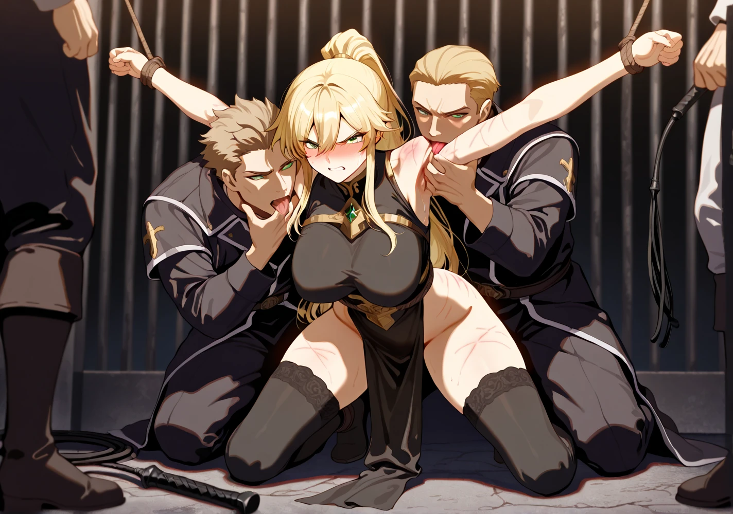 (Masterpiece, best quality), 1 girl, NSFW, ((muscle girl) abdomen, legs, arms, thighs, all strong and tornados), crossed_legs, huge breasts, laughs512, dark eyeshadow makeup, dark lips, (black bodycon dress), (aroused_face:1.4), bed, shame, show-off, big chest, panties, light, oversized shirt, (long yellow hair: 1.4), bra,, ((lying) grabbing a sword, sword on top of body), open legs, camel finger, in tight panties, pleasure, (((no mistakes))), ((well detailed)), (((extremely well done)))
