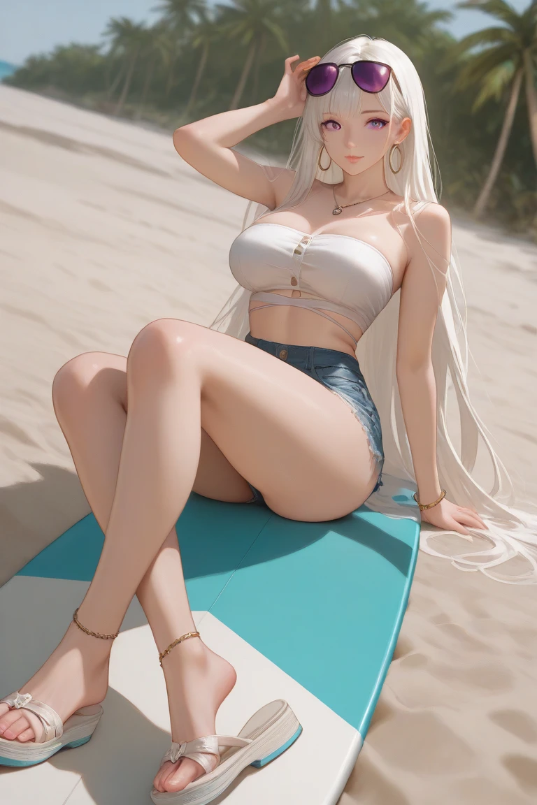 Mesh bikini，beautifullegs，Puff breasts，long whitr hair，Lunette de soleil，Red straw hat，nail art，beauty legs，big breasts thin waist，Coquettish@