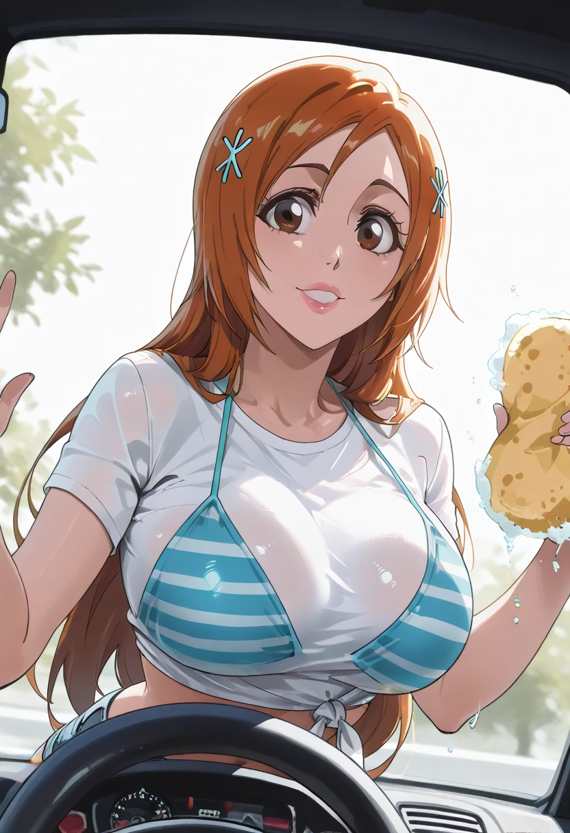 best quality, afterglow, 4k, ((masterpiece)), extremely detailed, 8k, trending on ArtStation, Intricate, High Detail, Sharp focus,, sugarbell <lora:sugarbell:1>, breasts, large breasts, huge breasts, thighs, 1girl, solo, short hair, smile, blush, jewelry, navel, blonde hair, cleavage, shiny, simple background, white background,, <lora:Orihime:0.8>, orihime, hair ornament, long hair, orange hair, brown eyes