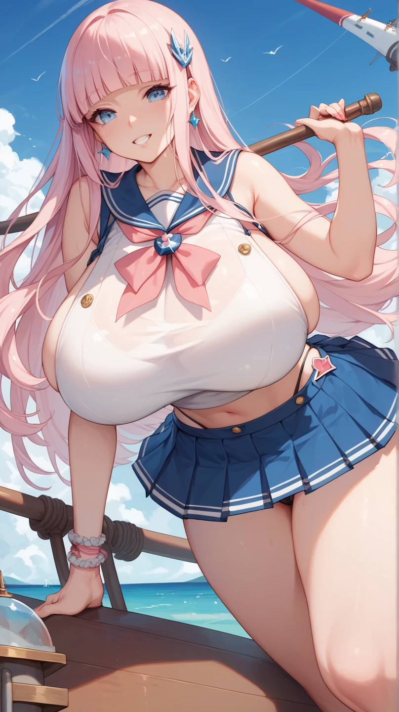 (masterpiece, best quality:1.2),illustration,high quality, ultra-detailed, ray tracing,perfect lighting, , 1girl, beautiful skin, beautiful girl,good hands,sharp focus,,,dynamic angle,[:(detailed face:1.2):0.2], (junk_handed over, blue eyes, pink hair, long hair, hair bow, kiyosumi , serafuku, blue skirt, white thighhighs,, Erect nipples, huge breasts, , , Sad expression, tears), beach, sunset, running, bouncing breasts, bouncing stomach, shake hands from behind