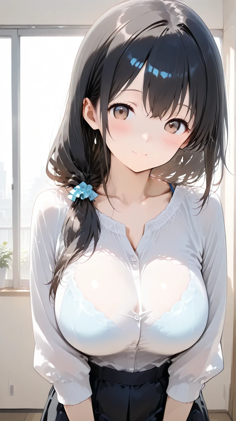 ultra-quality, ultla highres, Hyper Detailed, High contrast, Ultrafine Strike, creative refinement,A dark-haired,ssmile,tshirts,Pull your T-shirt with both hands to show your cleavage,Check skirt,The navel is visible