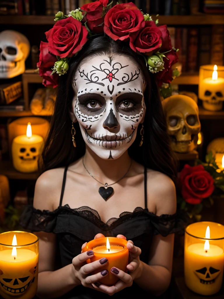 Transvestite man witchcraft ritual, candles, skulls, voodoo, blood ultra realistic image