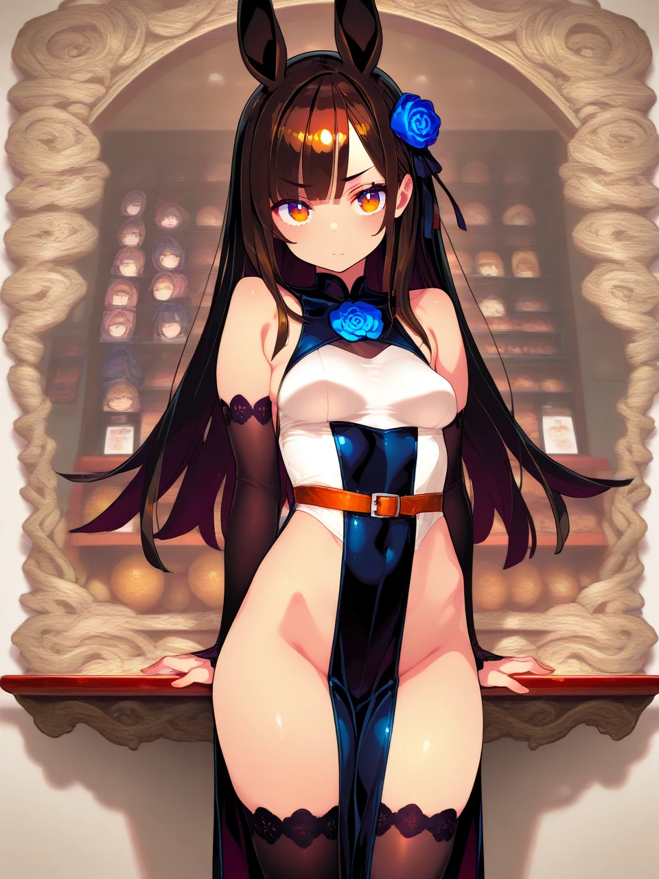 best quality,masterpiece, 1-Girl, sitting,Big-chest,slim, beautiful feet,expose legs and feet, sexy pose, and cute, ((NSFW)). 8k, beautiful eyes, beautiful body, ((Good anatomy)), young girl, black hair with blue strands, blue eyes, small ponytail, full body, Highly detailed, bangs, short hair, big breasts, barefoot and bare legs, looking_at_viewer, sexually suggestive, sexy pose, detailed back side, ((nude, soles, thighs)), ((back side)), luscious hips, model pose, standing, very sexy girl, sexy smile, hot girl, ((from below)).