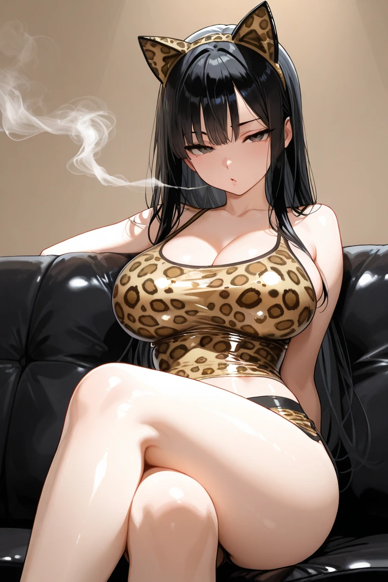 highest quality、complete limbs、Refers to the whole、1 beautiful woman、beautiful big breasted woman:1.3、((black haired woman))、straight hair woman、A woman wearing a bikini with leopard print fur、((A woman wearing a fur leopard print coat))、((woman wearing leopard print boots))、big smile、hands on hips、sofa、living