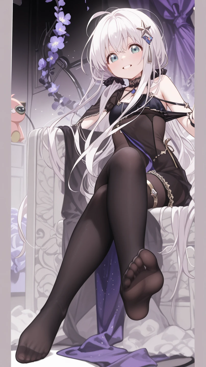 Pirotess dark elf. 1girl, white silver long hair, tellow eyes, white dress, black stockings, white high heels, jewelry necklace, fur coat, portrait