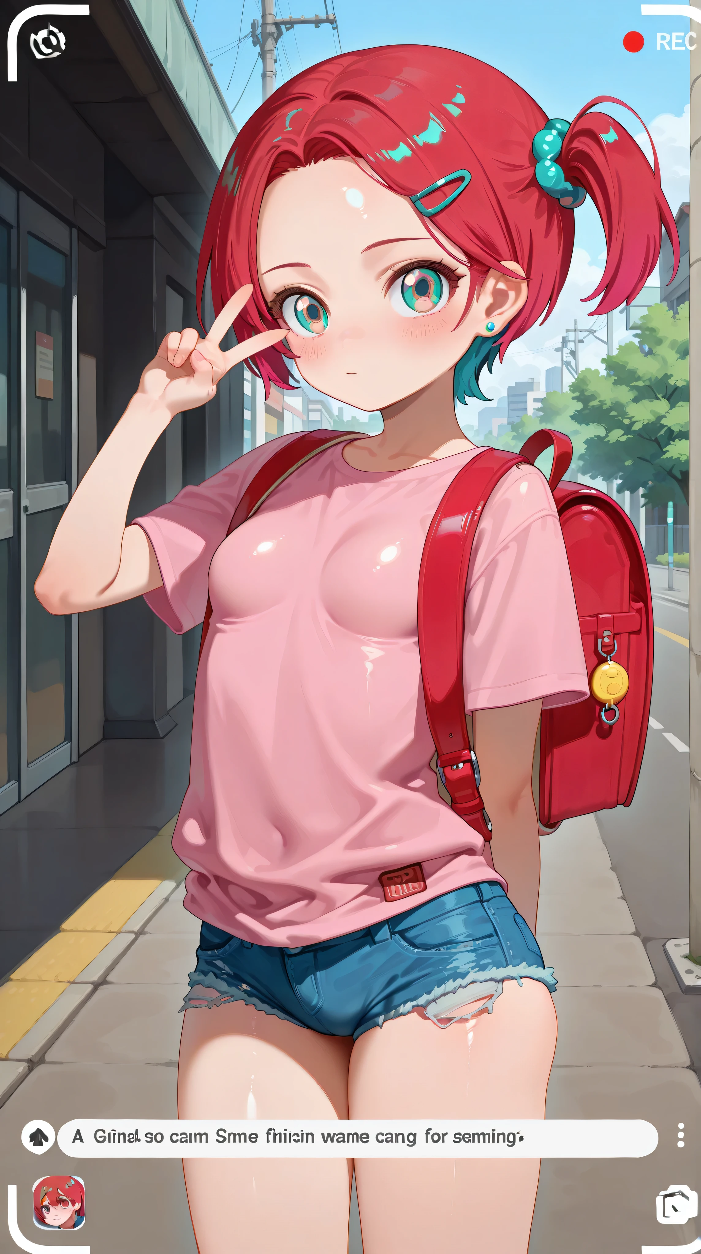 1girl,amate yuzuriha,breasts, forehead,bangs,red hair,short hair, multicolored hair,aqua eyes,multicolored eyes, backpack, bag, randoseru, fake screenshot, red bag, v, hair ornament, hairclip,solo, revealing clothes,shirt, jewelry, fake phone screenshot, looking at viewer, earrings, brown eyes, blush, short sleeves, pink shirt, closed mouth, stud earrings, child, skirt, outdoors, denim, crime prevention buzzer, english text, one side up, blue skirt, hand up, frayed denim shorts,micro shorts,tight viewfinder, shorts, t-shirt, standing, cowboy shot,masterpiece,best quality,newest,highres,absurdres,very awa,shiny skin,(artist:loika:0.5),(artist:xiaoshou xiansheng:0.8),artist:rin31153336,artist:gawako,nsfw