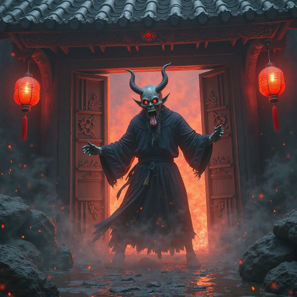 Hell Demon, Black-scaled youkai, Chinese legend hell scene, Extreme horror, Zhang Yimou's film style, The picture is bright, Extremely detailed line drawings CG artwork, See the devil clearly, It shows the shape of a huge right hand with demonic fingers, Detailed face, There is an open and clenched fist state, Light and shadow effect, Beautiful and dynamic pose, Detailed rendering, Colorful scenes, Full of depth, Vibrant lighting effects, Sketch a magnificent and mysterious atmosphere