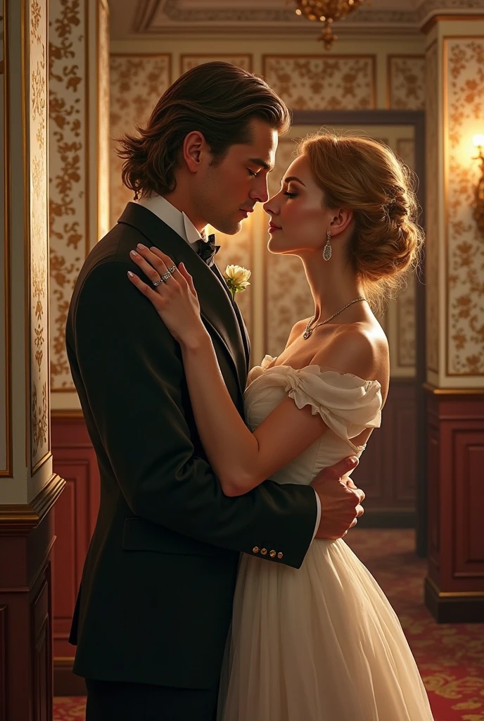 ((best quality)), ((masterpiece)), ((ultra realistic)), ((disney style)), beautiful intricately detailed soft portfolio photograph, decadent victorian ballroom, opulent couple kissing on the dance floor, extravagant intricately detailed clothing, crowd of dancing couples, soft edge lighting, highly detailed, ((body portrait)), professional, 8k, uhd, soft volumetric lighting, depth of field, film grain, smooth, roughness, real life, soft warm vibrant color palette, photographed on a Canon EOS R5, 50mm lens, F/2.8, HDR, professional, dramatic cinematic lighting,