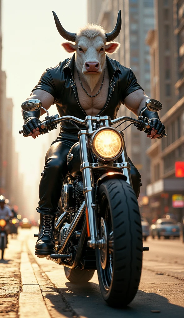 A muscular young wild black werewolf wearing leather jacket and driving a big classic road bike down a deserted road at night with an evil entity watching among the stars