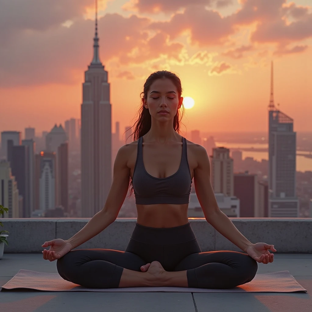 Start your day with a spectacular view! Describe your post as you practice yoga at dawn on an iconic New York bridge, feeling the energy of the city awakening around you. What is your favorite yoga pose with this breathtaking view American girl, 20 years old, brunette, brown eyes sexy