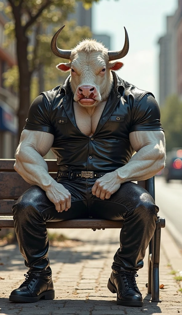 ((best qualityer)), ((work of art)), (detailded), an anthropomorphic bull wearing a red jacket and denim shorts