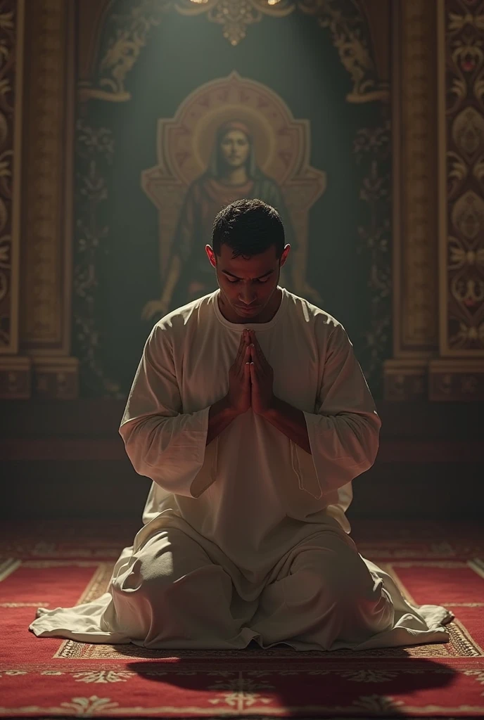 "A high-resolution, lifelike image of a young bald man with a masculine build, wearing a taqiyah, performing a prayer to Allah in the interior of a mosque in America."