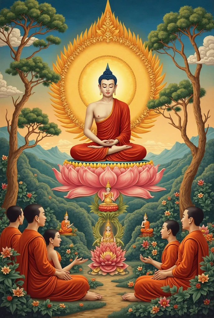 ((masterpiece, Highest quality, 8k)), ((Comically)), (((Comic art))), Official Art, Tathagata,Buddha,Myōō,Heaven, The four of them are chatting and looking down at the world below., 