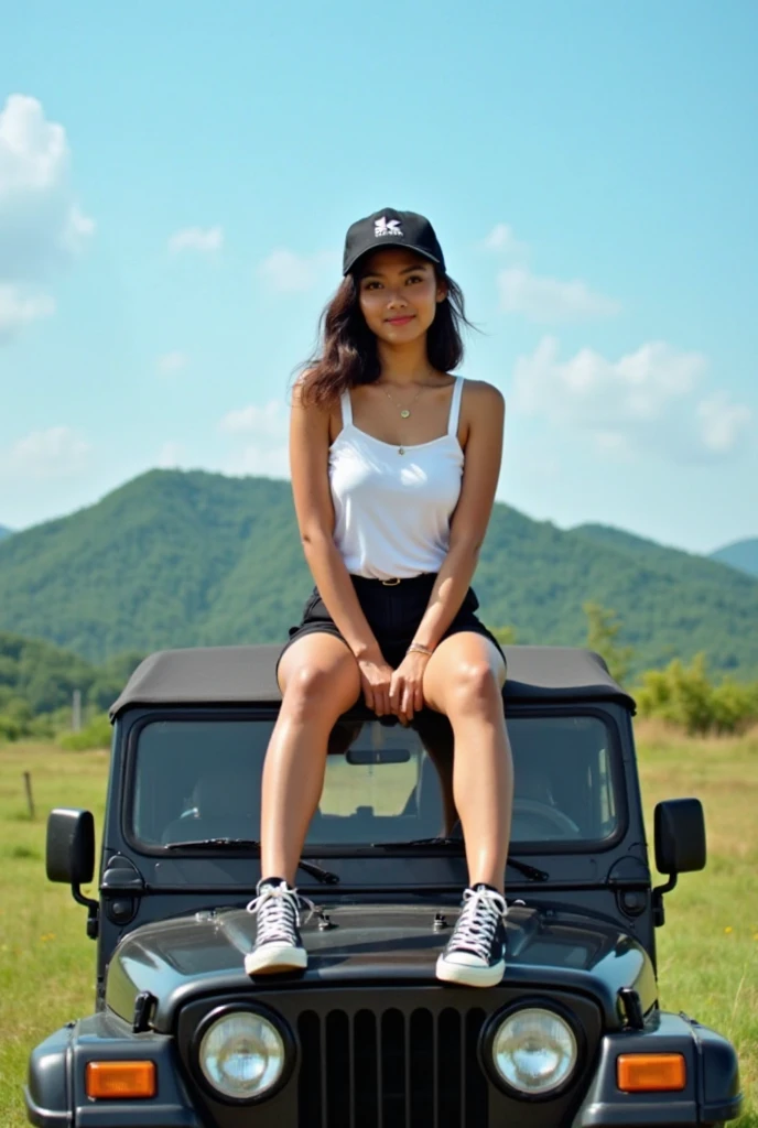 photo image, image of a thick gorgeous asian woman with short, dirty blonde hair that is styled in a texturized manner. She's resting against a 4 door black jeep, looking relaxed and cool staring at her phone. She's stopped on a dirt road with a magnificent mountain landscape behind her. She's wearing a mini skirt, tights, a puffer jacket and tennis shoes.