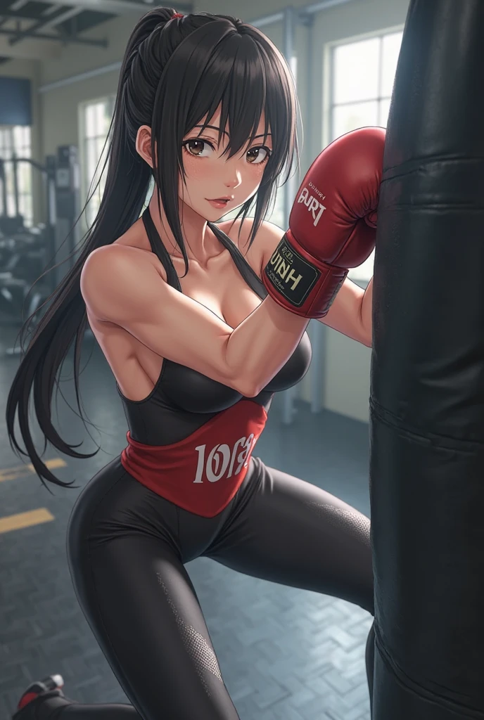 A slim Korean beauty,detailed picture, Shy expression， blush，Light long hair, Wear transparent erotic underwear, Wearing black tights, Wearing boxing gloves, Standing alone in the boxing ring in a calm posture，Large Breasts,Cleavage,Long legs，Thin waist，nipple