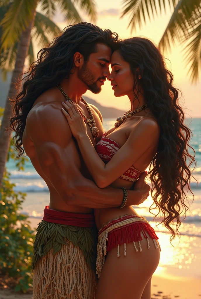 An indigenous man without upper garments with long straight hair lifting his indigenous wife with his arms, in the background of the image there is a village with several people dressed in straw and leaves, comic book style, the scene contains vibrant and quite striking colors. 