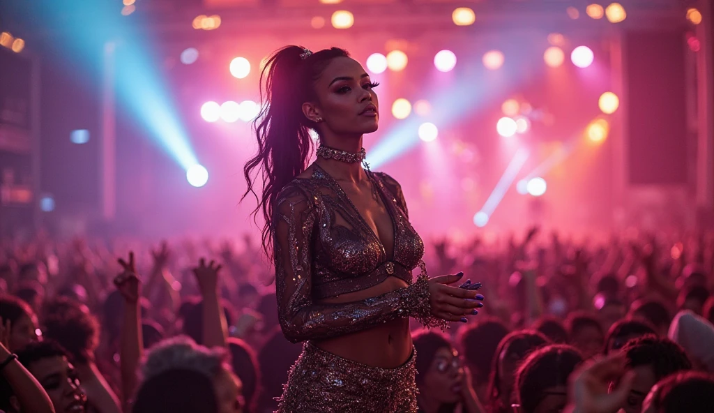 beautiful 22 year old woman, BROWN SKIN, dressed for the night club, singing with wireless microphone, on a stage with a large crowd as an audience.