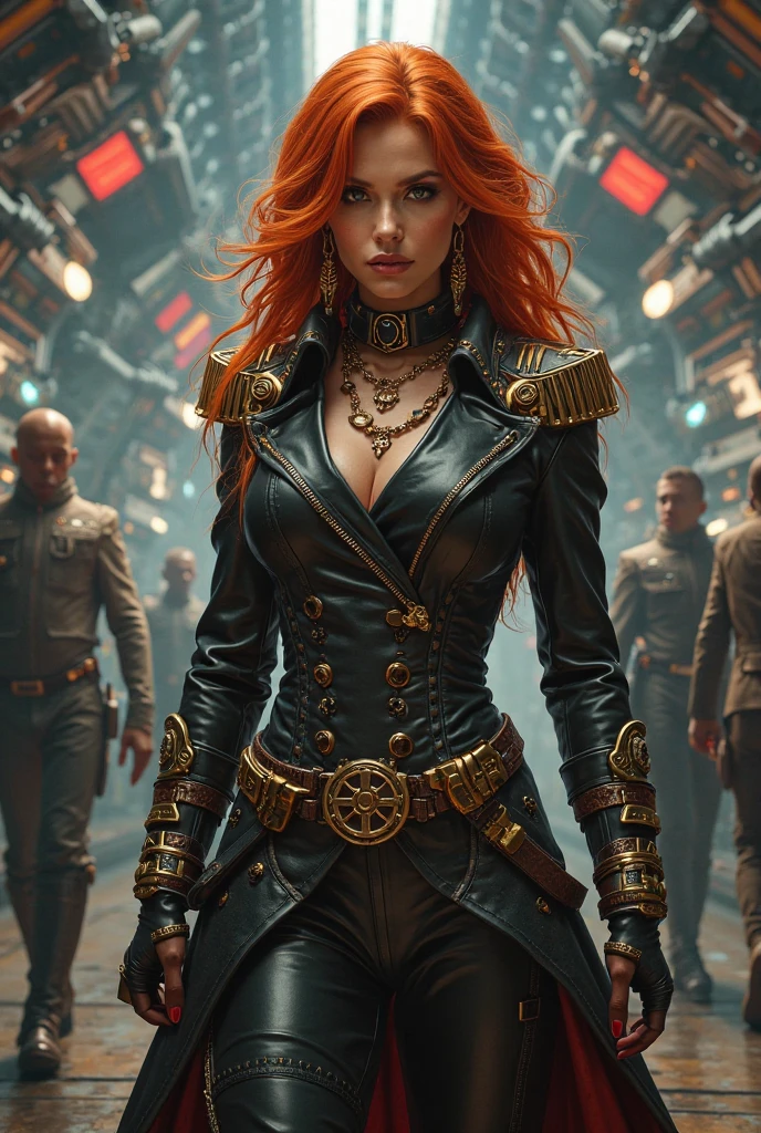 A woman stands in front of a group of robots, Steampunk man portrait, synthesis, Beautiful android woman, Stormy epic war scenes, Inspired by Richard Avedon, Black dieselpunk policewoman, Redhead woman, Wearing a suit, Complex fashion clothing, Beautiful female soldier