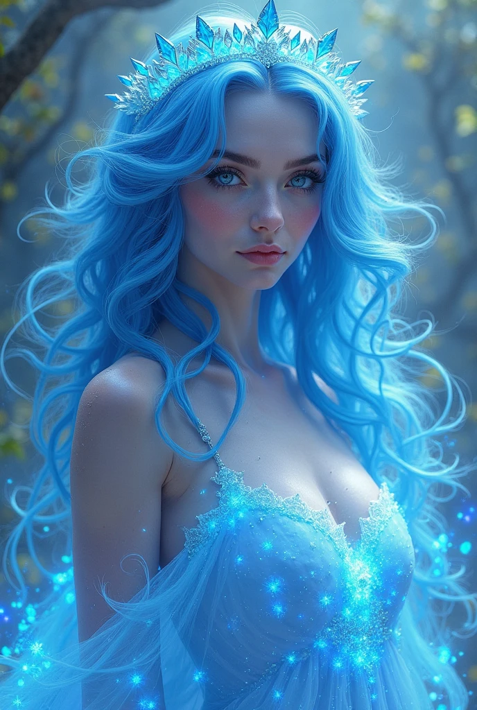 a gorgeous woman, bioluminescent skin, ethereal glowing skin, porcelain skin, delicate features, warm lighting, fantasy, magical, cinematic, dramatic lighting, chiaroscuro, moody atmosphere, elegant pose, serene expression, flowing hair, nature elements, ethereal forest background, glowing mushrooms, bioluminescent plants, dreamy, surreal, hyper-detailed, 8k, high resolution, photorealistic