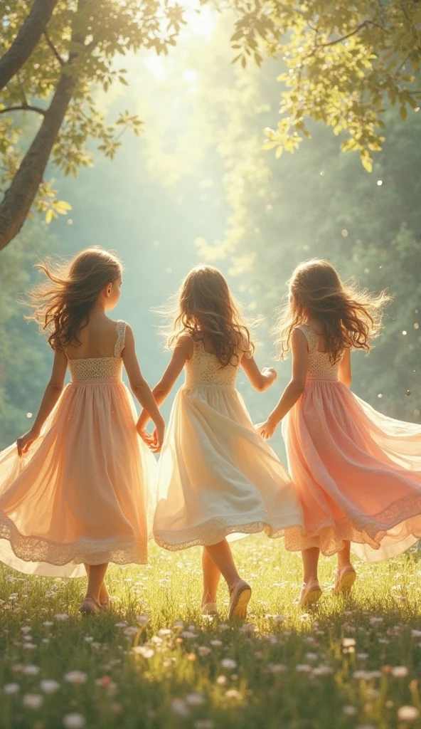 Vision, (three Lolitas: 2) Stable diffusion is the best image quality, morning sunshine, spring scenery, dew and flowers, flying hair, living in a dreamland of mushrooms and fairy tales, traveling, running, and laughing. forest path