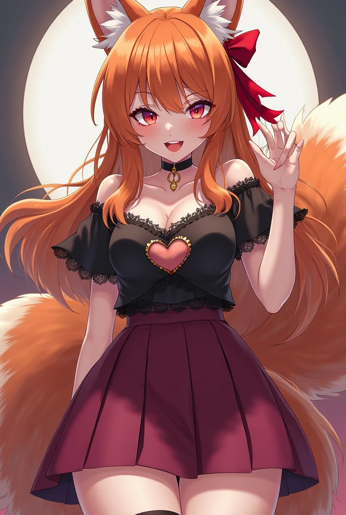 a redhead woman, very long hair falling to butt height. She is wearing a purple blouse that highlights her large breasts.. She has red fox ears, with the inside of the ears in light pink, and a red fox tail with a light pink tip. Only his left arm is completely tattooed. She has fair white skin and a slim body with blue eyes.