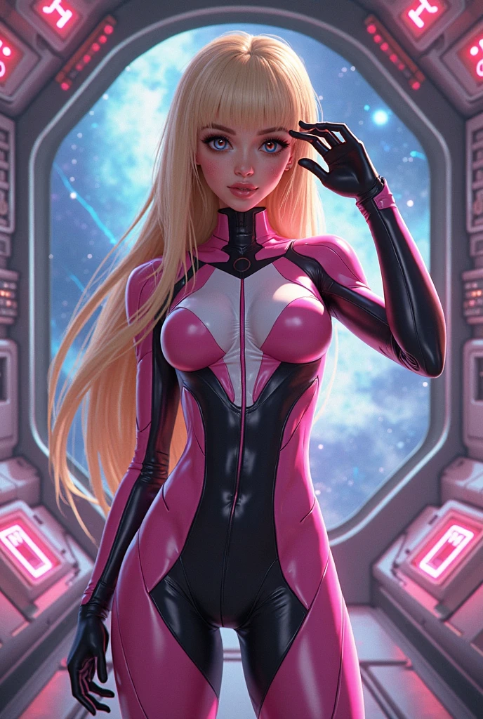 High quality,,retro futurism woman,fashion style,blonde long hair, beautiful face,long eyelashes,tight shine látex suit, minimum waist