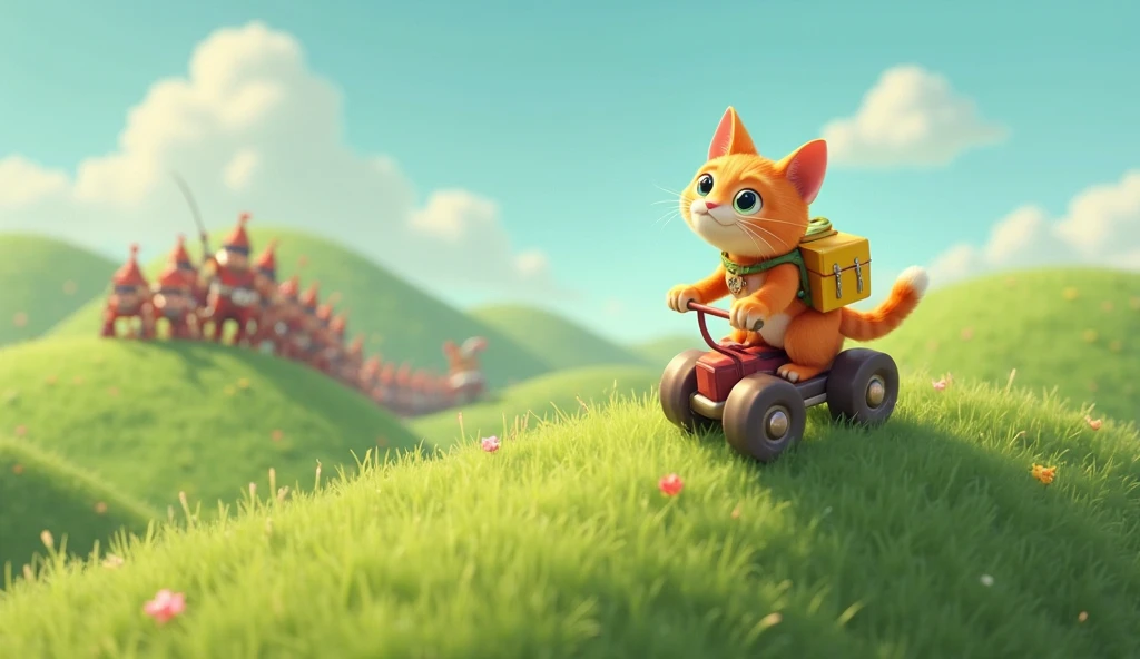 A cool tank with a cute character riding a fishing rod and a fish on the rod.