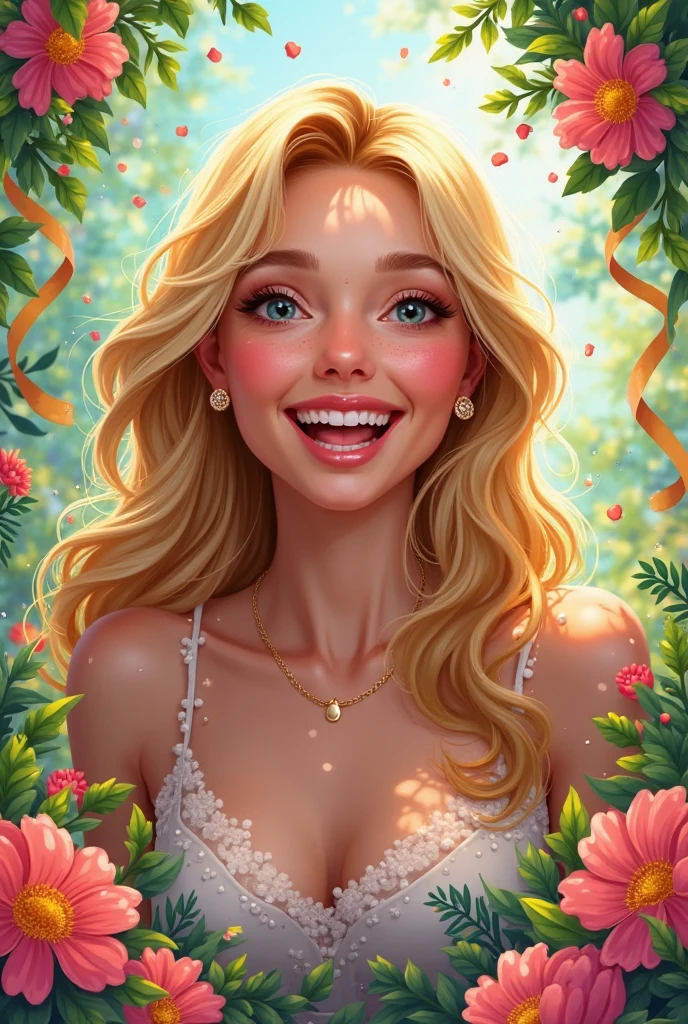 Beautiful Italian woman, 18 years old, brown-blonde hair, angelic and delicate face, long hair, half-up hairstyle, with elegant thick waves, blonde with light roots, in a beautiful Instagram place, photo taken outdoors during the golden hour, ((realistic  photo), (large realistic breasts) ), ((angel face)), ((close-up photo of a person dressed festively in a pink ball gown, holding a pink strawberry cake in her hands, with white burning candles representing the number 18, celebrating her 18th birthday,  very natural position), ((blonde hair with light blue roots)), (natural wide smile,)), blonde hair, light brown eyes, close-up of a person, surrounded by presents, wrapped elegantly, broadly smiling naturally, realistic, very natural photo, hair elegantly  stylized, with bluish roots, blonde, wearing a pink fluffy dress, cut and style resembling a wedding dress, smiling, turned to the left, smiling broadly, LUT from Instagram, 18 years old.