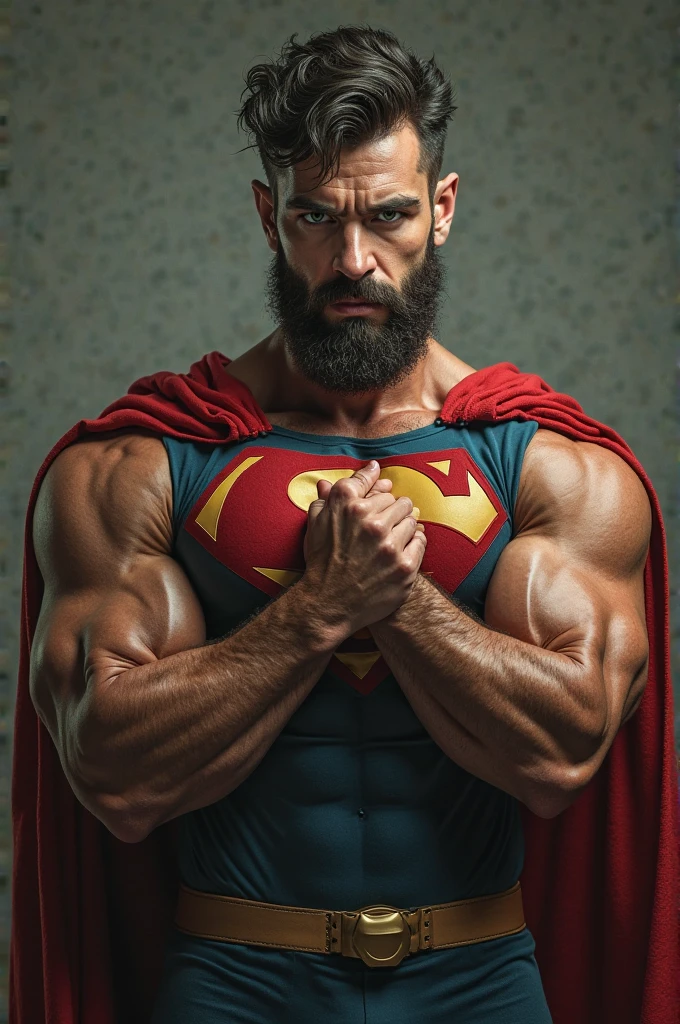 Masterpiece, denoise, void noise, one man, best quality, 8k resolution, male focus, focus only, amazing composition, great lighting, super quality, elegant, Very detailed, (front view), (pointed at viewer) -----------, 35 years old, ((mature face)), (muscular, slim body), handsome, ((detailed light-gray eyes, detailed eyes)), (thick eyebrows), hairy, ((light blonde hair, short straight hair)), (big ears), ((furry, bushy, thick hairy chest)), ((light blonde, bushy body hair)), detailed face, (((beard, short beard))), (((((Russell Tovey))))), --------------, ((wearing detailed brown full trousers)), ((dark wizard cape)), ((shirtless)), ((rubbing pecs woth hands))