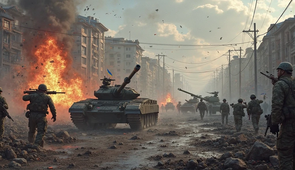 Create a dramatic battlefield scene with military vehicles, such as tanks and armored personnel carriers, in the foreground. Show an explosion happening in the background, with smoke and debris flying into the air. The environment should have a war-torn landscape with damaged buildings, dirt, and rubble, all under a cloudy sky with a sense of intensity and action.