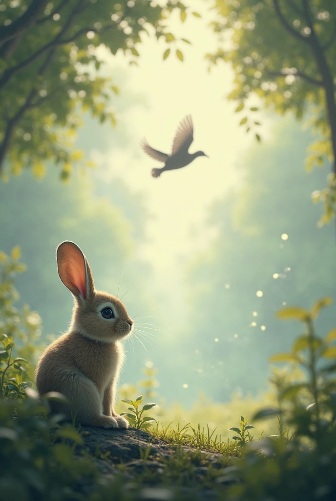 The rabbit sitting alone, watching the bird fly away in the sky - SeaArt AI