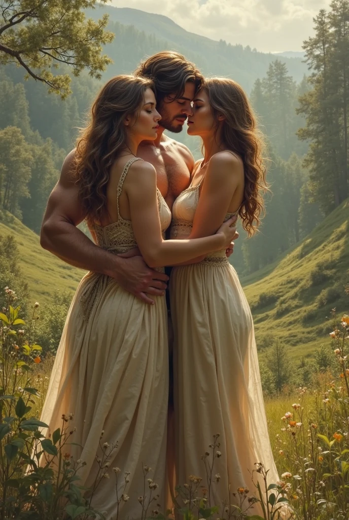 score_9, score_8, score_7_up, 1girl, 2boy, magnificent body, A luscious milkmaid has fun with her boyfriend on a farm