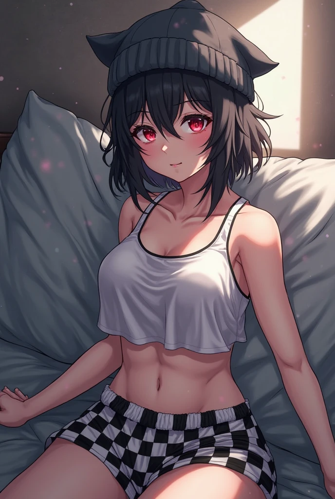 ((masterpiece,High resolution,Highest quality))
(28 years old,一人の浅Dark Skinの女性,Very small waist,Big Breasts, Provocative smile, Charm,
(Purple shorthair, Bangs alignment, Dark Skin,Pink Eyes,poorly eyes)
(Black Micro T-Shirt, No bra), tight, Bite, vibrator, Small Dildo, Put it in your panties,