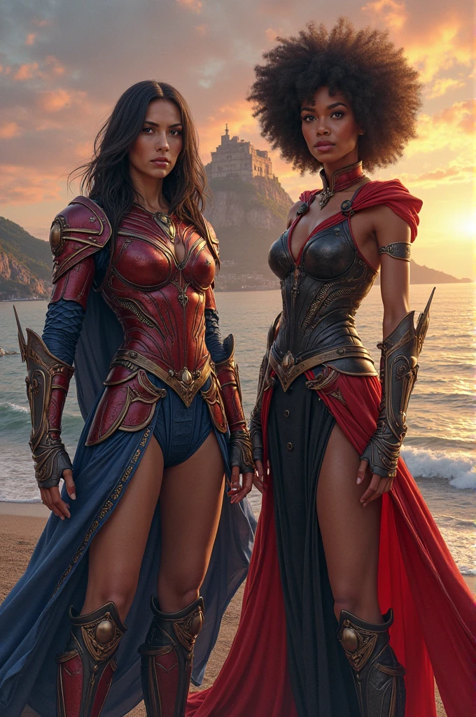 ((instagram photo)) full body photo of 2 beautiful ((African woman superhero costume)) strong ((girlboss)) fierce in a ((game of thrones tv show and fictional city of westeros)) (high detailed skin:1.2) 8k uhd, dslr, soft lighting, high quality, film grain ((amateur photo))