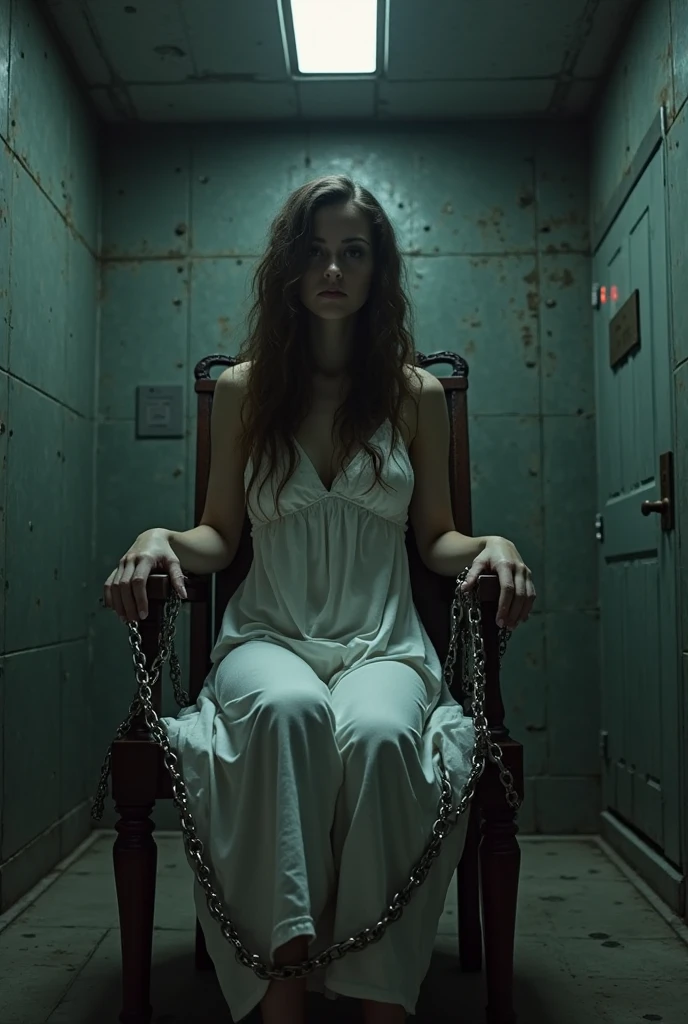 There's a woman dressed in lingerie sitting spread legs while undergoing a medical treatment, horror vibes, legs wide open, cameltoe, horror aesthetic, horror sci Fi, ultra detailed, photorealistic, masterpiece.