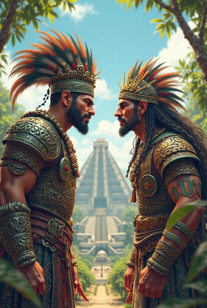 Two Inca barons embracing each other face to face, with their backs to the door of an Inca house in the jungle, a two-story house with a roof covered in green leaves. 