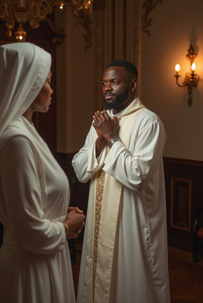 An African catholic priest offering sacrament to a lady in skirt church.
He puts the sacrament to lady's mouth
Priest gown to be in green color
A man behind the lady observing the sacrament offering to the lady
Ensure the lady is wearing a tight skirt color white and looks more attractive for sex with a big ass
The priest should be inserting the sacrament to lady's mouth
The one hand of the priest to hold the sacrament cup while the other hand to be putting the sacrament to the lady's mouth