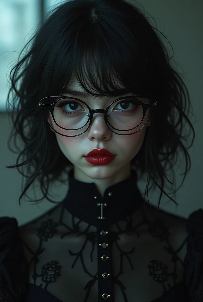 (masterpiece, Best Quality: 1.2), Yoru(chainsaw man),(Very detailed face, real image, Realistic skin, realistic body, intricate details), Red eyes (intimidating look), light blush, social clothing, semi-open shirt with buttons (white), sujetador white, Skirt (negro), negro belt with buckle, short hair, Glasses, small breasts, close up, big thighs, classroom, negroboard.