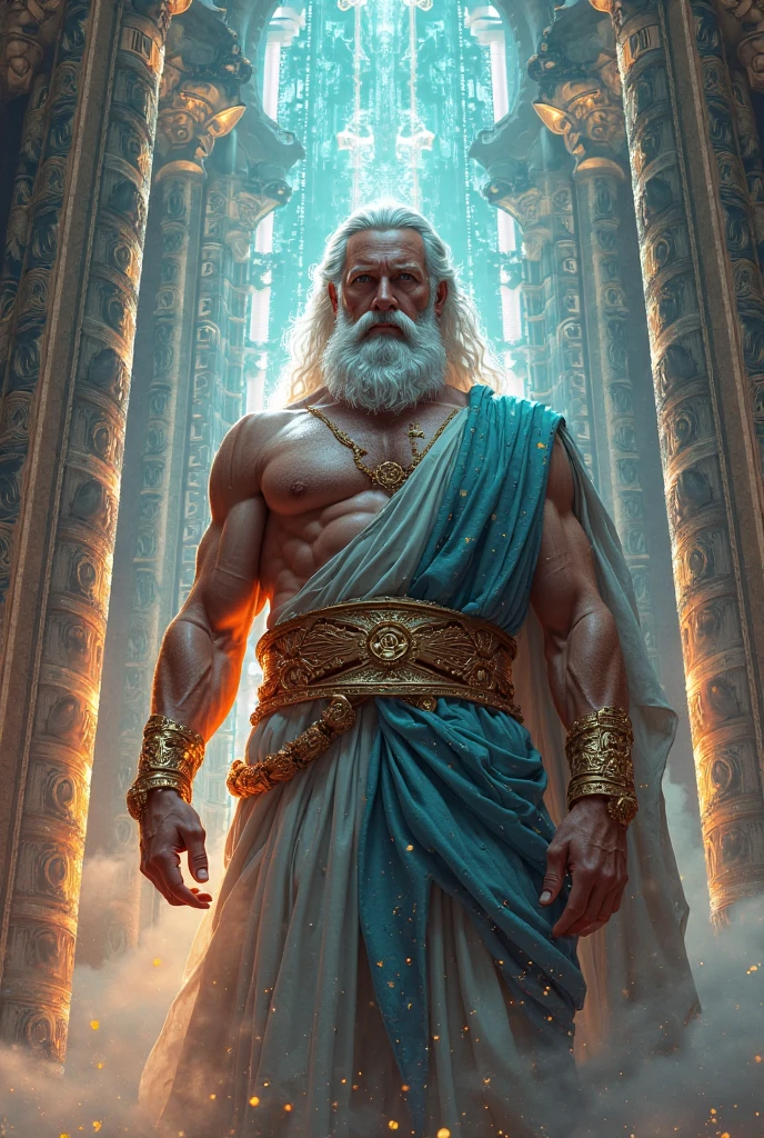 Jew A man dressed in turquoise linen Eyes like a flame of fire Girded around the shoulders with gold Body like turquoise Arms and feet of bronze Hair white Jesus