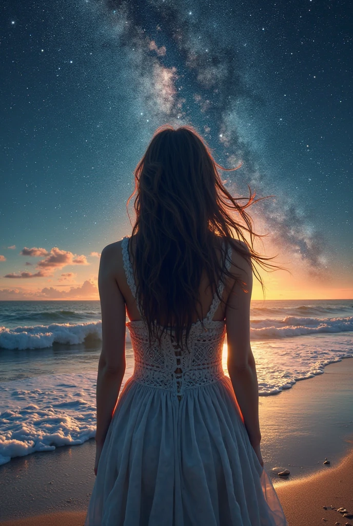 A magician woman from behind, stop on the beach, Under a starry sky 